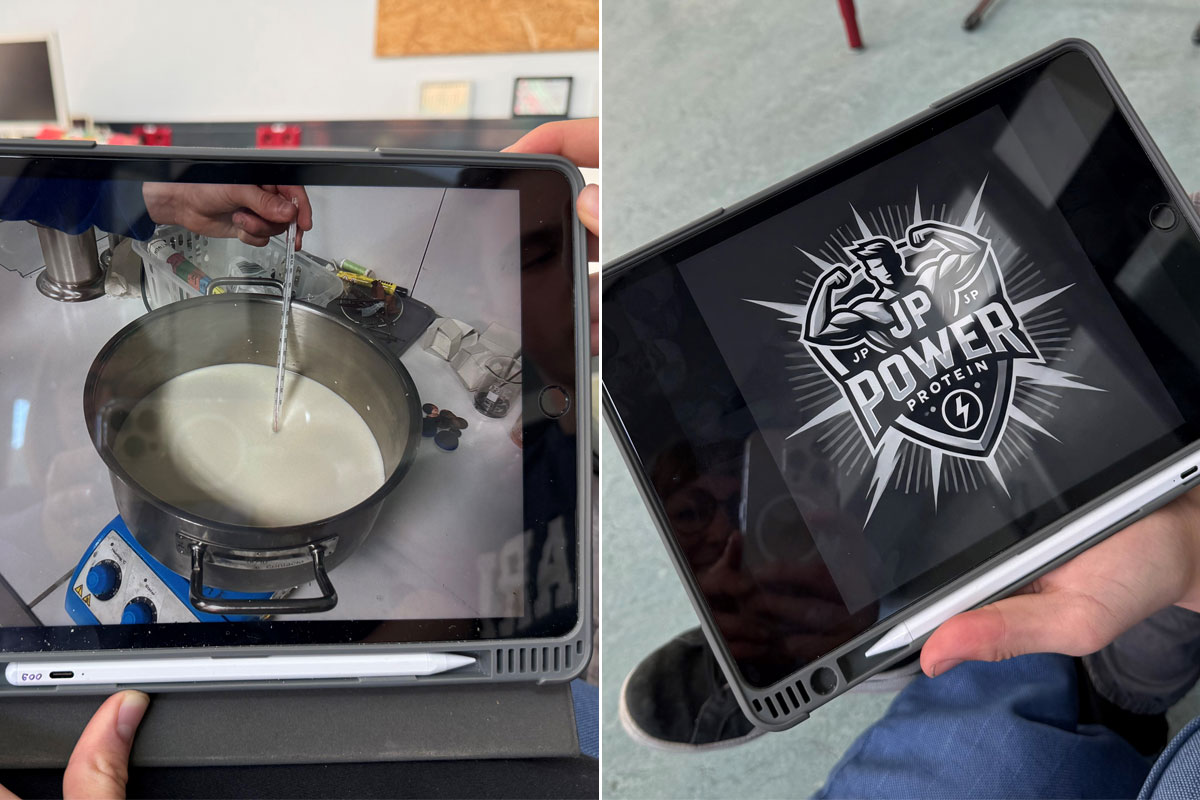 Collage von iPad mit Logo und Proteinpulver